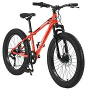 24" Fat Tire Bike for Adults with Front Suspension,SHIMANO 7 Speed Mountain Trail Bike,Red