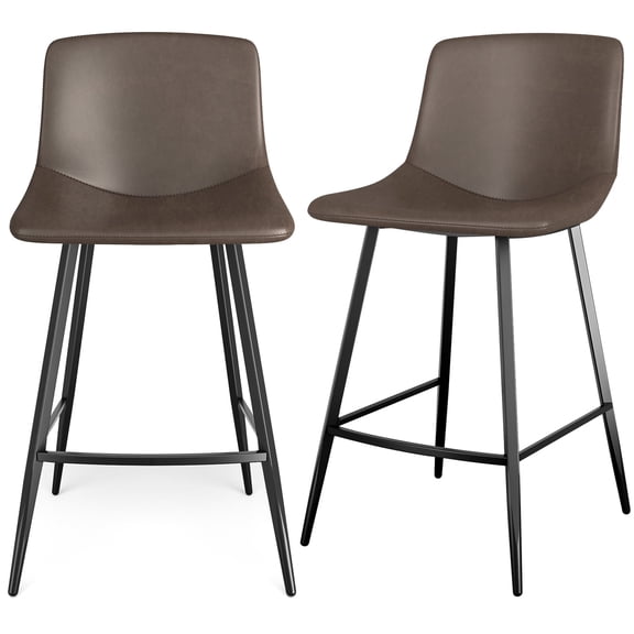 24" Faux Leather Bar Stools with Backs, Brown, Set of 2