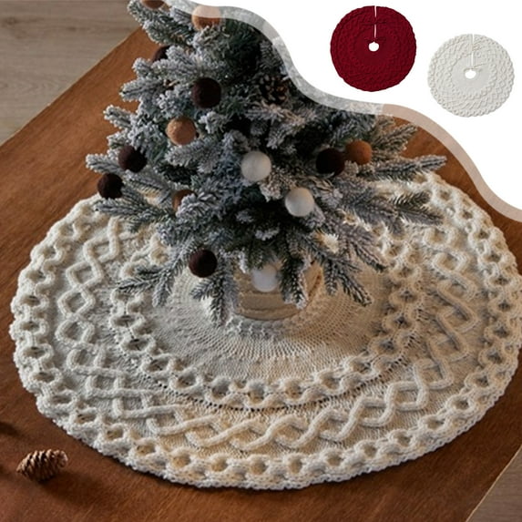 24" Feather-Light Knit Tree Skirt - Cable Stitch Red/White Farmhouse Base w/Adjustable Ties, Needle-Proof Barrier for Small Trees & Gift Displays (0.18lb) Red,White
