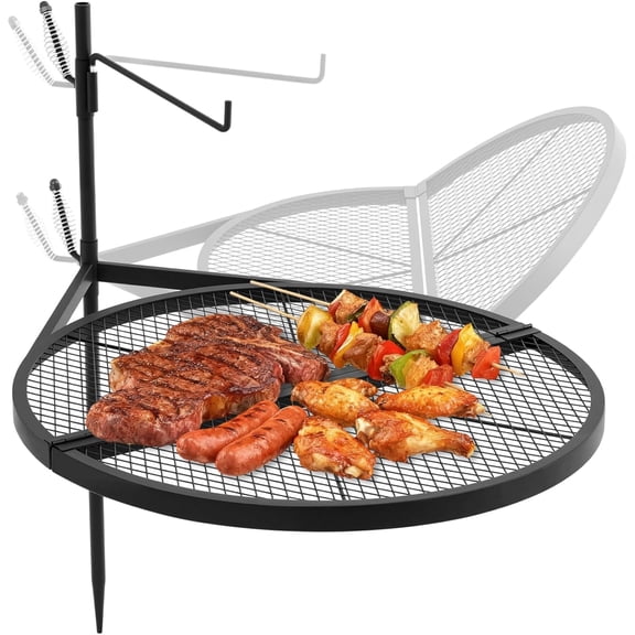24" Fire Pit Campfire Grill Grate, 24" Foldable Open Fire Cooking Grill Grate Portable Round Camping Cooking Barbecue Rack Heavy-duty, Easy Setup & Adjustable Height for Outdoor Camping BBQ