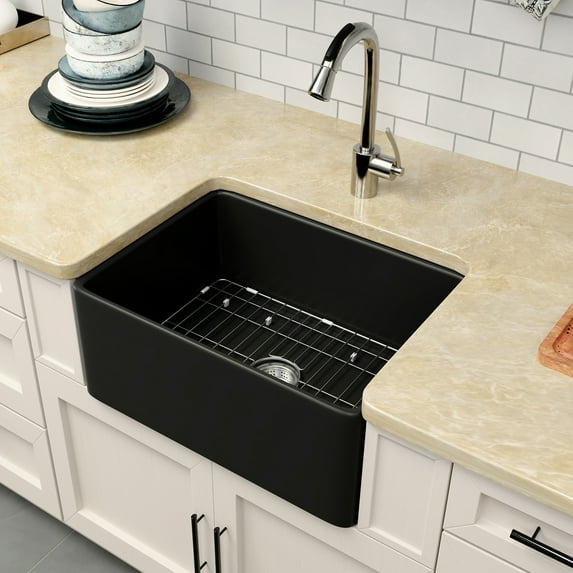 24" Fireclay Farmhouse Kitchen Sink with Bottom Grid and Basket Strainer