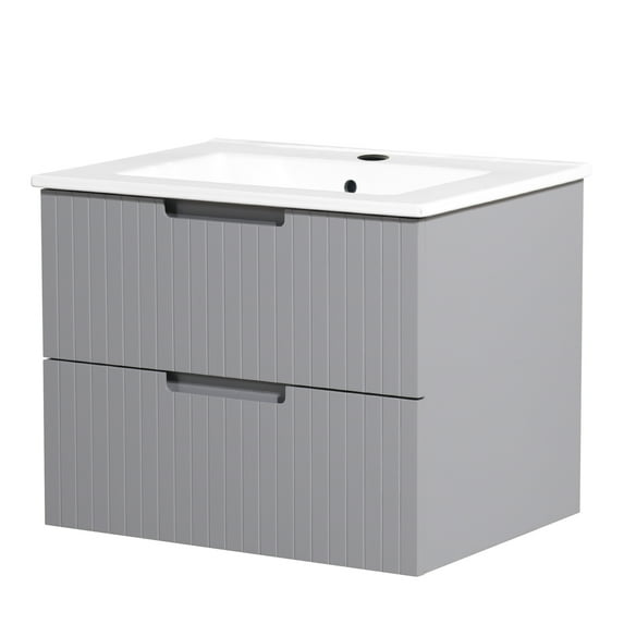 24" Floating Bathroom Cabinet With Ceramic Sink - Gray Wall Mounted Design, , Functional Storage Vanity 24 Inch Style Efficient
