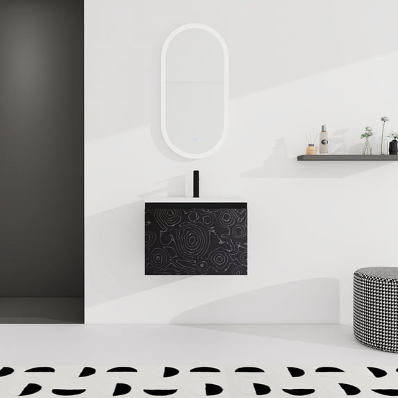 24'' Floating Bathroom Vanity | Pre-Drilled Ceramic Sink, 45° Inclined Edge Handles | Paint-Free and Easy to Maintain | Provide Quiet Open