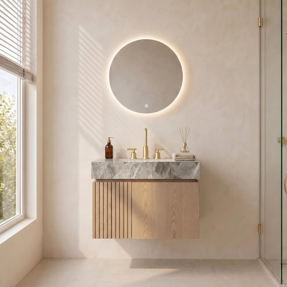 24” Floating Bathroom Vanity with Sink, Wall-Mounted Cabinet with Doors, Gray Travertine Sintered Stone Top, Undermount Basin, 3-Hole Faucet, Soft-Close, Pre-Assembled, Light Brown