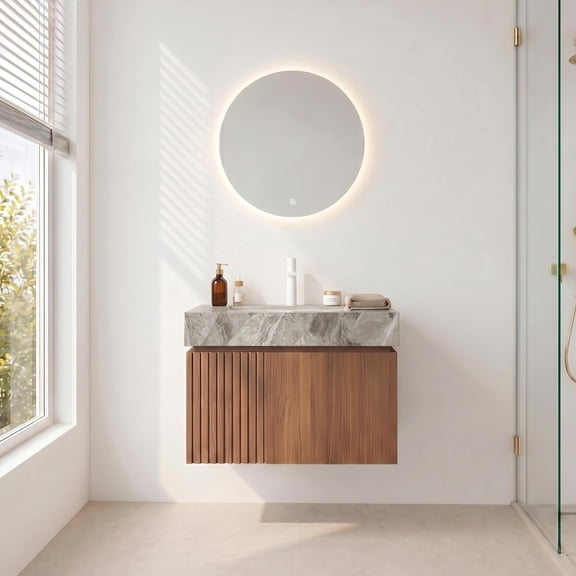 24” Floating Bathroom Vanity with Sink, Wall-Mounted Cabinet with Doors, Gray Travertine Sintered Stone Top, Undermount Basin, Single Hole Faucet, Soft-Close, Pre-Assembled, Brown Oak