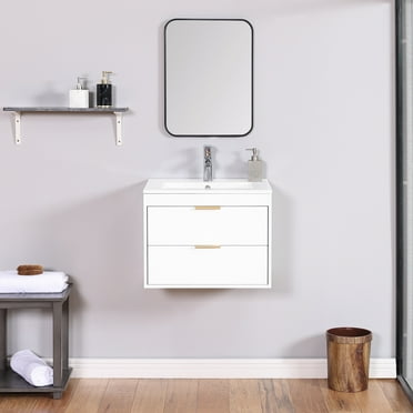 24" Floating Bathroom Vanity with Sink, Wall Mounted Ceramic Sink Bathroom Vanity with Drawer Storage, Modern Bathroom Sink Cabinet for Small Space, White