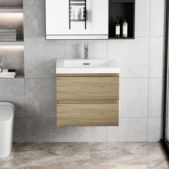 24" Floating Bathroom Vanity with White Sink | Optimize Bathroom Space in Modern Style | Resin Countertop & Water-Resistant Wood | Quick Assembly & Comfortable Use