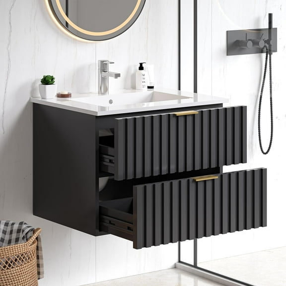 Onbrill 24-Inch Floating Bathroom Vanity with Ceramic Sink and 2 Soft-Close Drawers