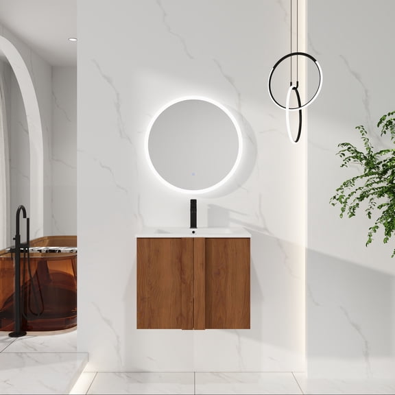 24" Floating Bathroom Vanity with Sink Combo, Wall-Mounted Brown Ebony Cabinet, Soft-Close Doors, Space-Saving Modern Vanity Set