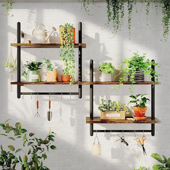 24" Floating Kitchen Shelves Wall Mounted 2 Tier Coffee bar Shelves with 8 Hooks, Industrial Wall Shelf for Kitchen, Living Room Bedroom, Rustic Brown
