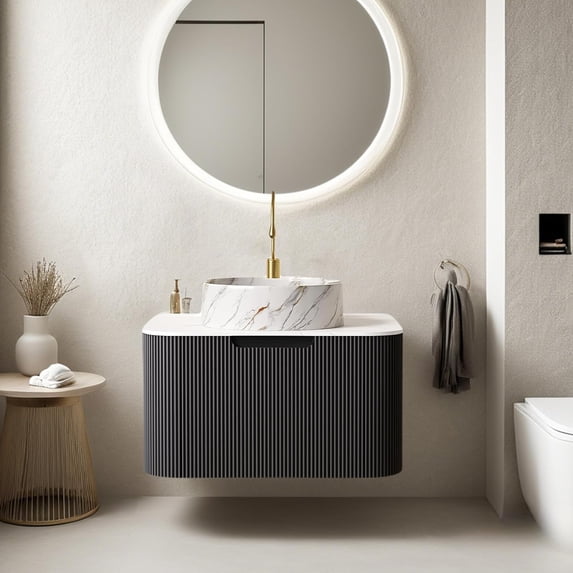 24" Floating Modern Bathroom Vanity with Sink, Cabinet with Ultra-Thin Marble Ceramic Basin and Top, Extra Large Storage Drawer, Soft-Close Design, Gloss Black