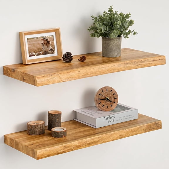 24" Floating Shelves Set of 2, Solid Elm , Natural Live Edge