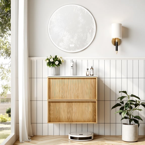 24" Floating Wall-mounted Bathroom Vanity, Cabinet With 2 Drawers And White Resin Sink
