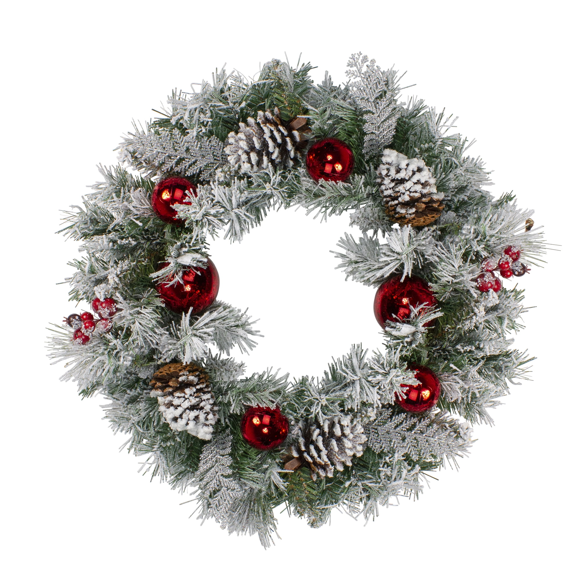 24" Flocked Pine Red Ball Berries & Silver Cedar Artificial Christmas Wreath - Unlit