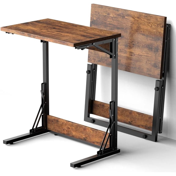 24" Folding C Shaped End Table Set of 2, Small Sofa Side Laptop Desk, Couch TV Tray Table for Living Room, Bedroom, Rustic Brown
