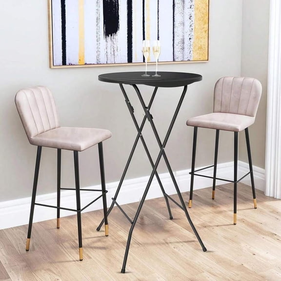 24 Folding Round Bar Table With Black Metal Frame And Black Tabletop, High Top For Indoor Use, Includes 2 Bar Stools