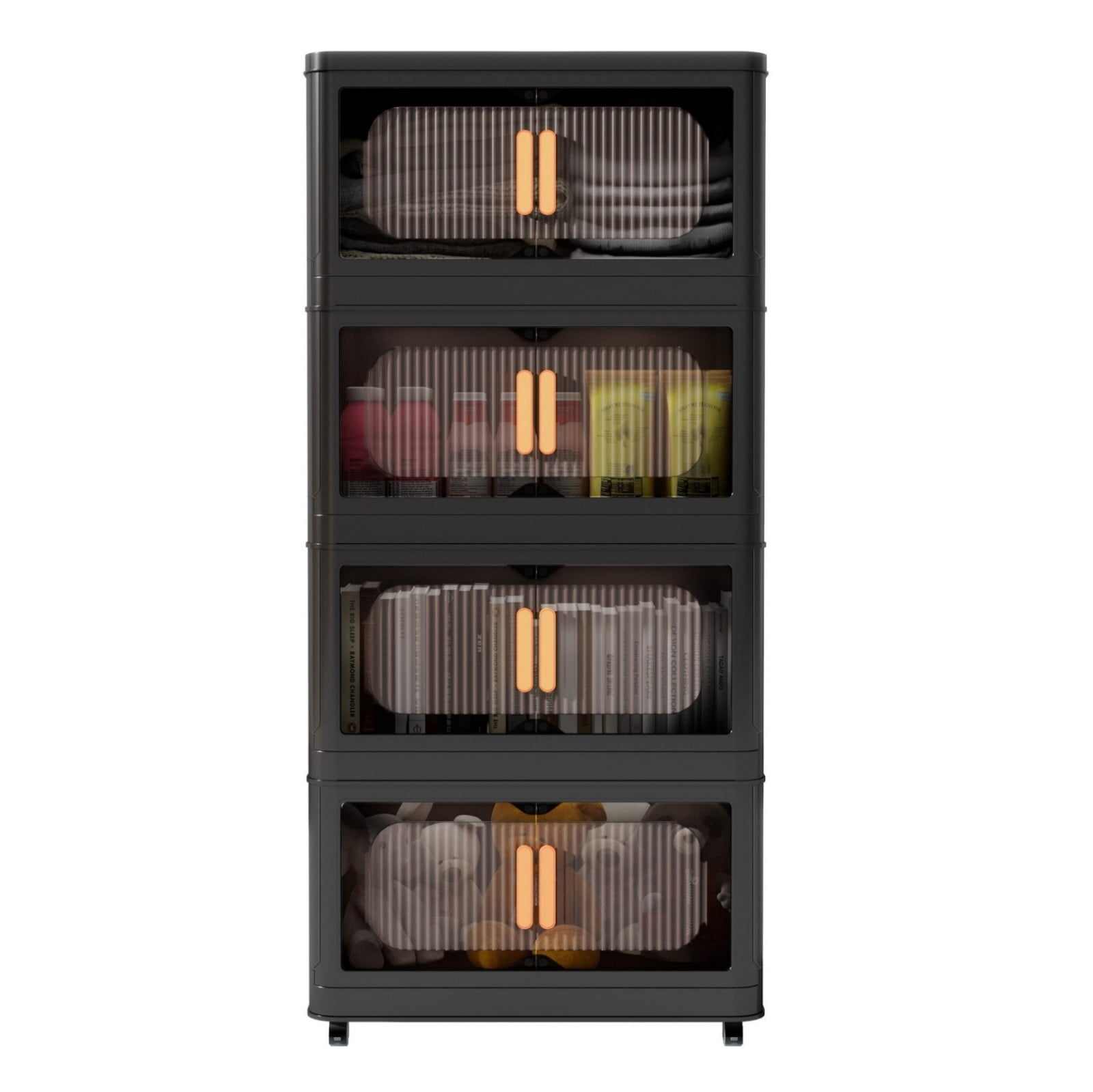 24" Folding Storage Cabinet with Wheels, 4-Tier Collapsible Plastic Organizer with Magnetic Door, Portable Utility Storage Rack, Black