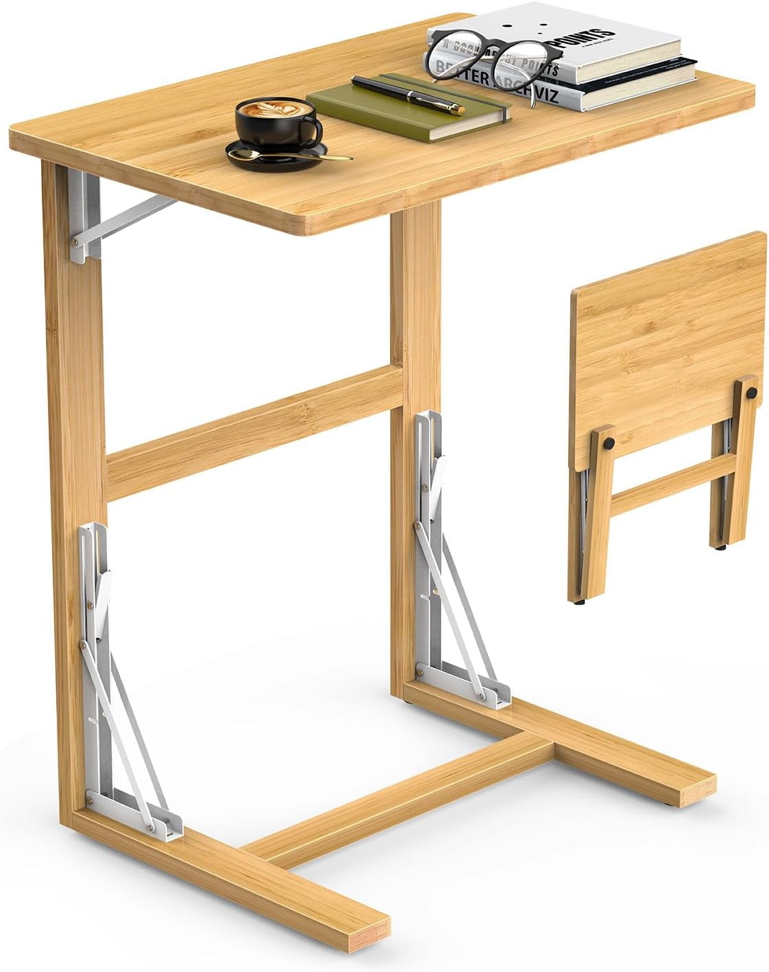 24'' Folding TV Tray Table, Bamboo C Shaped End Table Slide Under Couch
