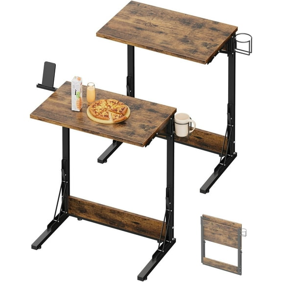 24" Folding TV Tray Table Set of 2, Foldable C Shaped End Table for Couch, TV Dinner Tray with Cup Holder, Small Sofa-Side Laptop Desk for Living Room Bedroom,Brown