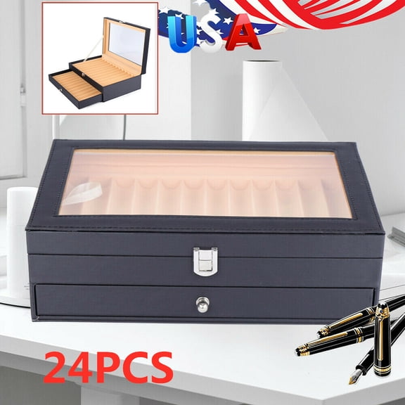 24 Fountain Pen Display Box Holder Leather Storage Collector Organizer Box Gift 30.5x 20x 9.5 for A Desk, Dresser, Or Nightstand