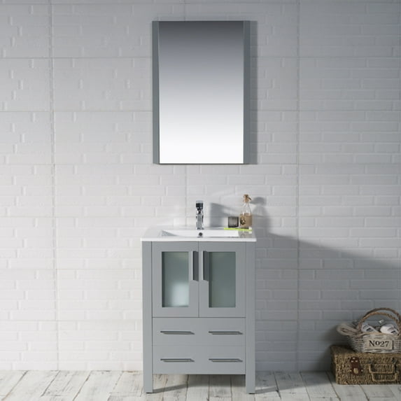 24" Freestanding Bathroom Vanity & Ceramic Sink & Mirror - Metal Grey