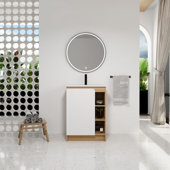 24" Freestanding Bathroom Vanity with Thin-Rim Ceramic Sink, Light Oak, Single Door with 4-Tier Open Shelves, KD Cabinet, Dual-Color Door Panels (White & Black), Plywood Construction
