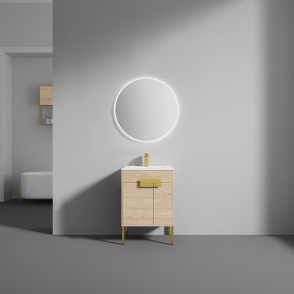 24" Freestanding Bathroom Vanity with Sink - Brush Gold Hardware - Maple