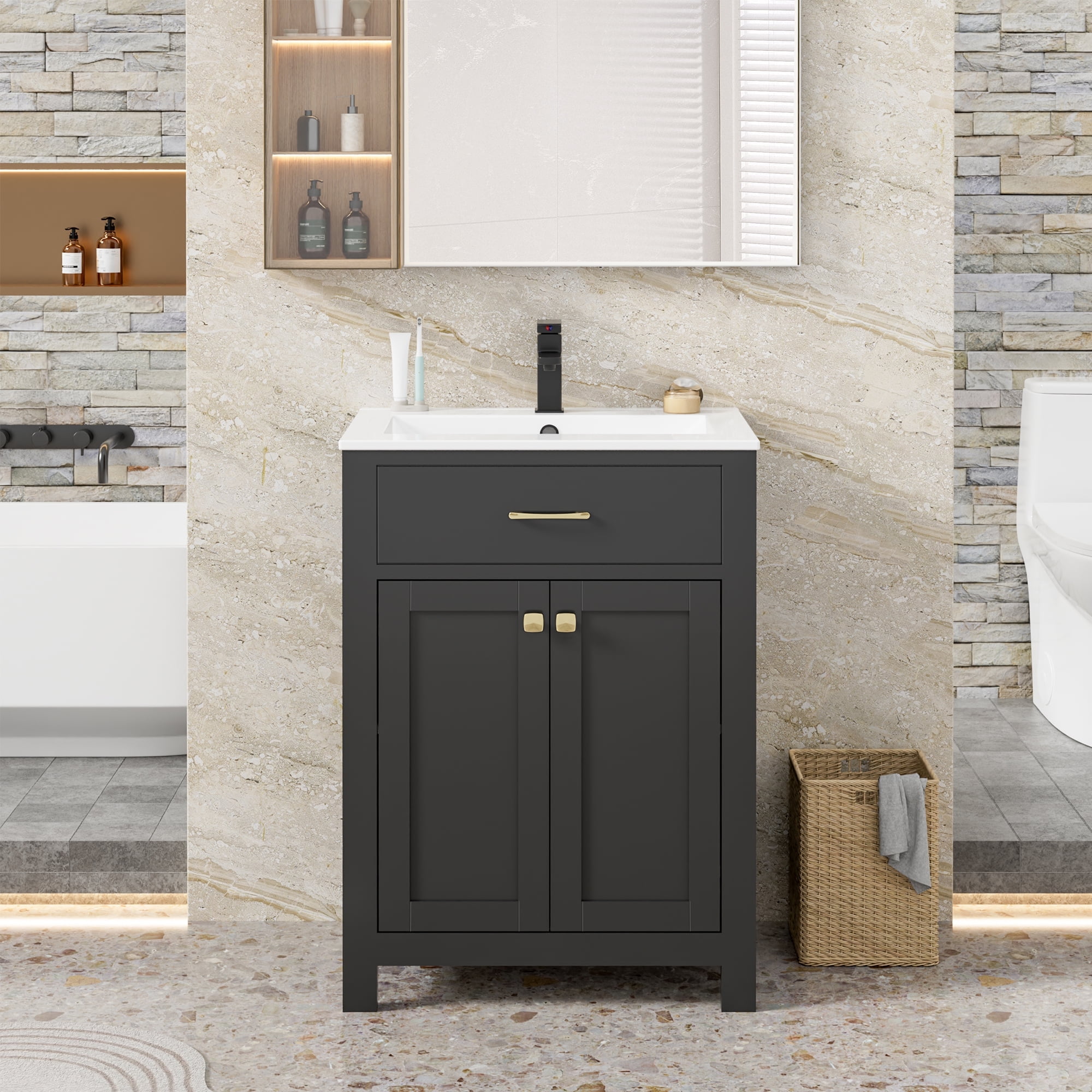 Eclife 24-Inch Freestanding Single Bathroom Vanity with Ceramic Sink Top