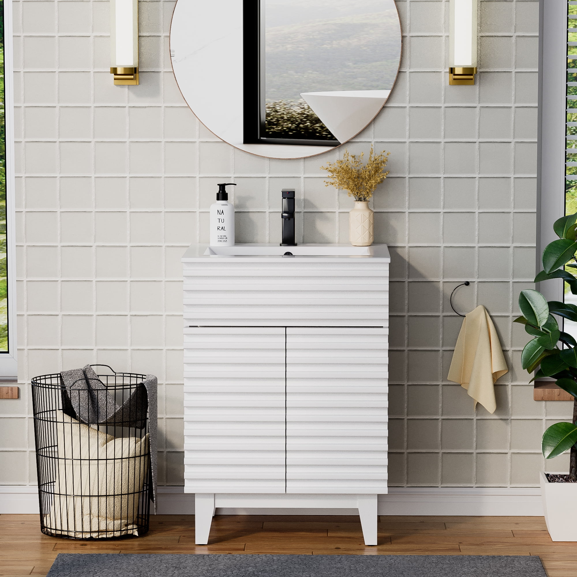 24" Freestanding Single Bathroom Vanity with Ceramic Top, Faucet, Wood Tune