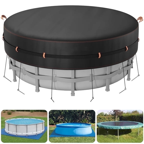 24 Ft Round Pool Cover with Reflective Strips, Swimming Pool Cover for Above Ground Pools, Solar Cover Including Rope Tie and Luminous Ground Nails, PU Tarp Snug Fit for UV Protected