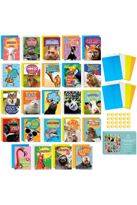 24 Funny Animal Greeting Cards - 24 Unique Designs with No Repeats - Humorous Joke Notecards Set with Envelopes and Gold Stickers - 4.5 x 6.25 Thinking of You Cards
