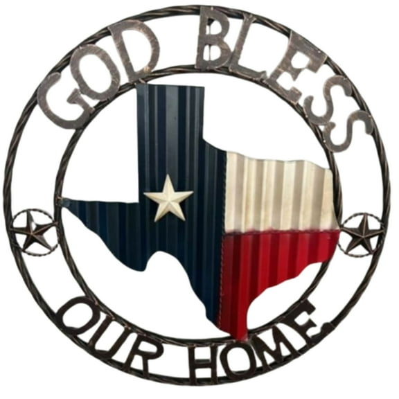 24" GOD BLESS OUR HOME CORRUGATED WAVY SIGN RED WHITE BLUE TEXAS MAP WITH BRONZE RING WESTERN HOME DECOR HANDMADE BY EGIFTHOME #EH12969