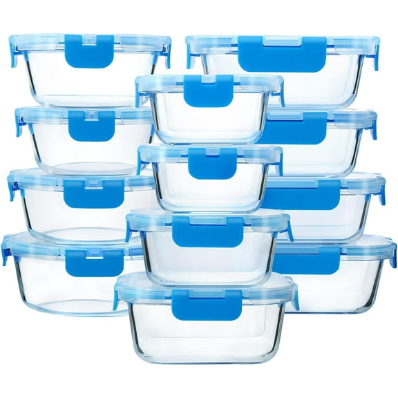 24- Glass Storage Containers with Upgraded Snap Locking ,Glass eal Prep Containers Set - Airtight Lunch Containers, icrowave, Oven, Freezer and Dishwasher, Blue