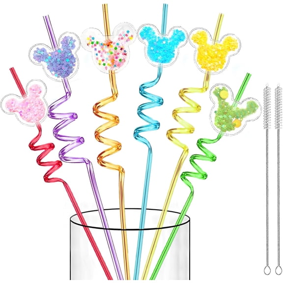24 Glitter Mouse Ear Party Favors-Reusable Drinking Straws-Birthday Oh Twodles Party Supplies- Plastic Straws for Boys Girls Party Decorations,Princess Theme Crazy Silly Straw with 2 Cleaning Brushes
