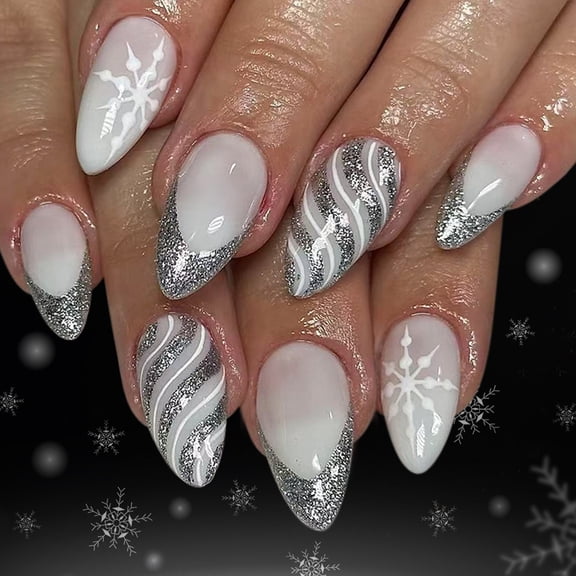 24 Glittering Press-On Nails for Christmas, Silver Coffer Ice French Tip Design, Winter Party Artificial Hoofs Quick Application