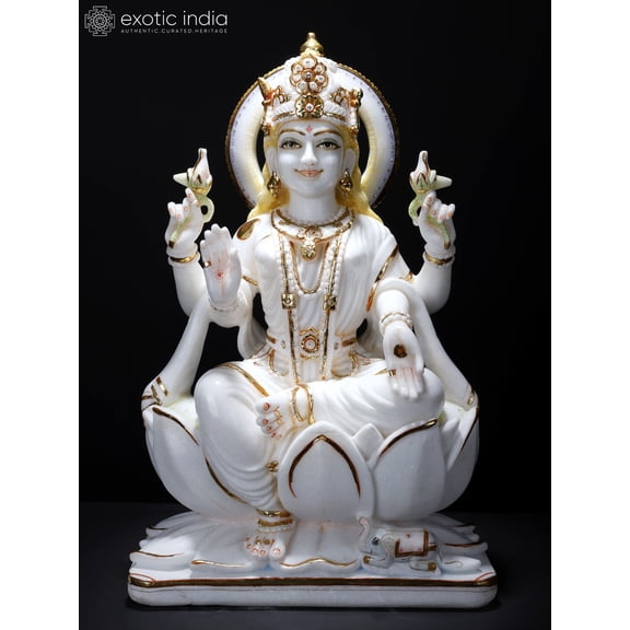 24" Goddess Lakshmi Seated on Lotus | Handmade | White Marble Lakshmi Seated on Lotus | Hindu Goddess of Wealth Goddess Laxmi Sitting on Lotus Laxmi Sculpture Indian Home Decor