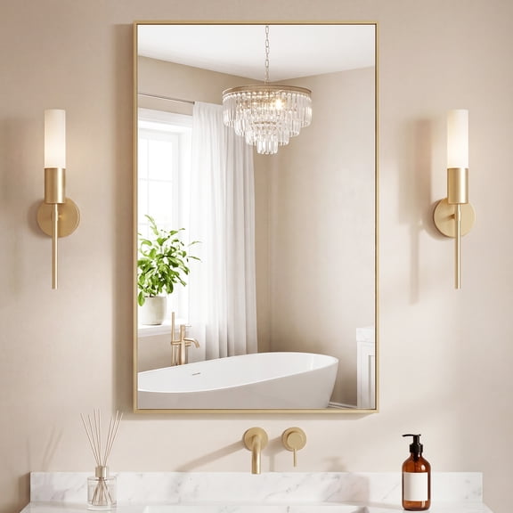 24" Gold Brushed Aluminum Frame Rectangular Wall Mirror, Sleek Straight-Corner Elegant Vanity Mirror for Bathroom Sink & Modern Home Wall Decoration