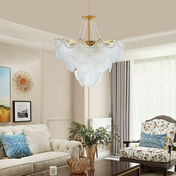 24" Gold Crystal Chandelier with Seashell Design - Adjustable 22" Chain & 8 E14 Sockets, Hanging Height Wrought Iron Ceiling Light for Dining Room Staircase Foyer