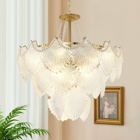 24" Gold Crystal Chandelier with Seashell Design - Adjustable 22" Chain & 8 E14 Sockets, Hanging Height Wrought Iron Ceiling Light for Dining Room Staircase Foyer