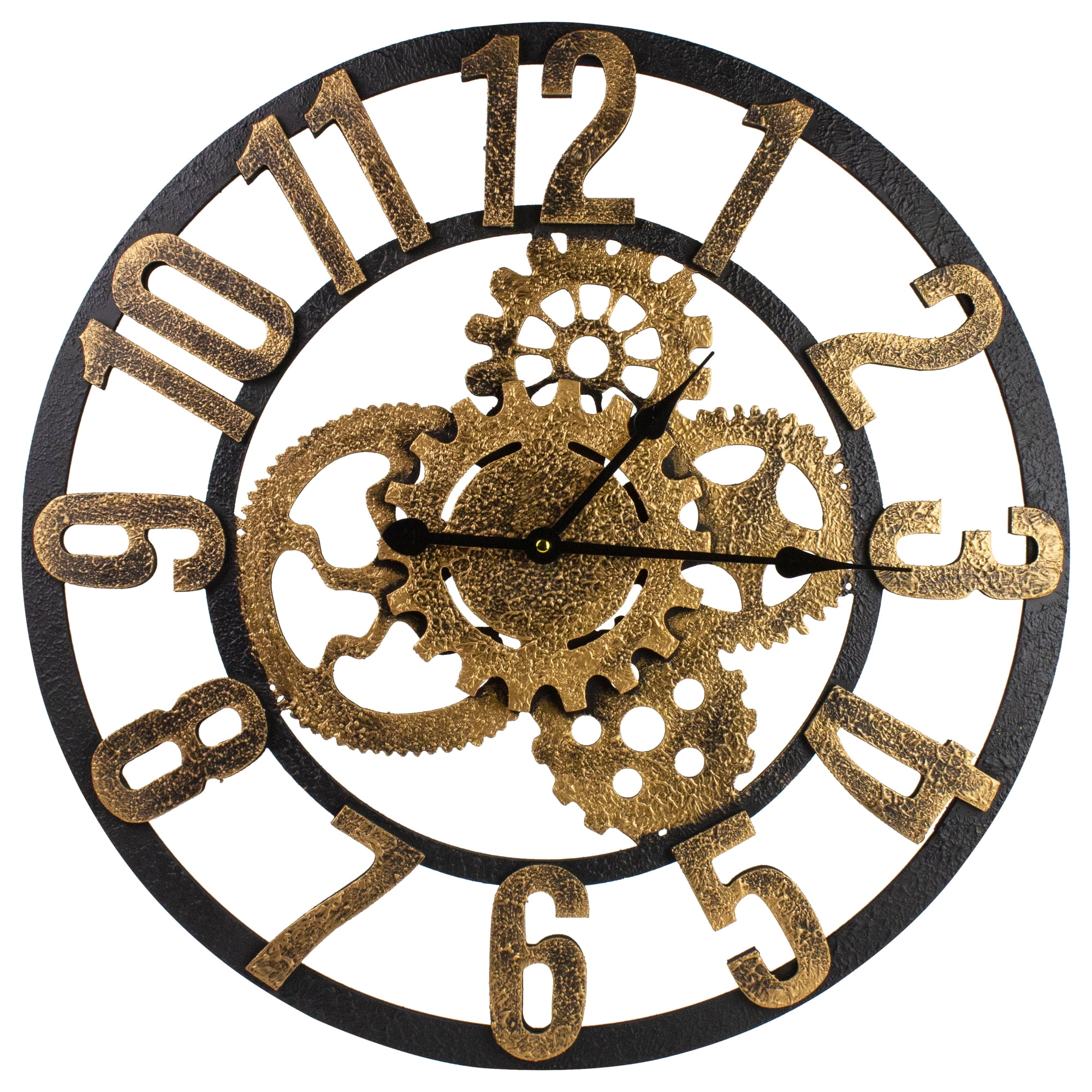 24" Gold and Black Round Wall Clock with Mechanical Cogs