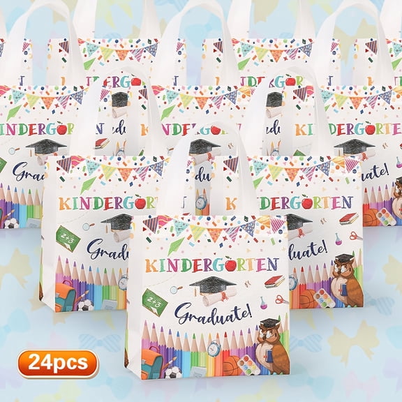 24 Graduation Gift Bags - Durable Non-Woven Fabric with Brightly Colored Graduation Caps, Diplomas, and School Icons - Teacher Appreciation Party Favors, Graduation Party Supplies, Classroom Prizes (