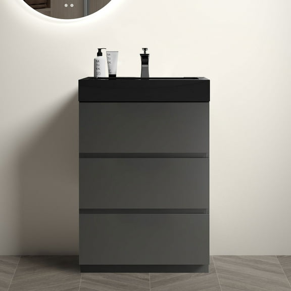 24" Gray Bathroom Vanity with Sink, Large Storage Freestanding Bathroom Vanity for Modern Bathroom, One-Piece Black Sink Basin without Drain and Faucet