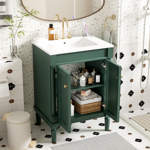 24" Green Bathroom Vanity with Ceramic Sink, Solid Wood & MDF 2-Door Storage Cabinet, Freestanding Vanity for Small Bathrooms