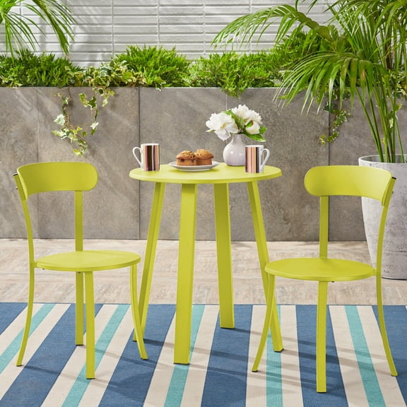 24" Green Iron Bistro Set, Outdoor Patio Dining Set with 2 Chairs & Table - Matte Lime Finish