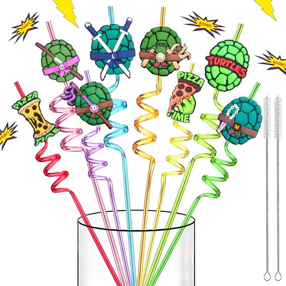 24 Green Turtles Themed Reusable Party Straws for Kids Birthday Favors