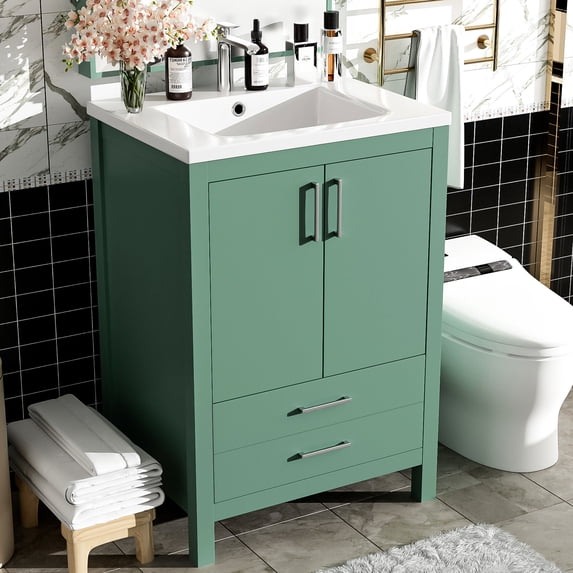 24'' Green Vanity with Ceramic Sink for Bathroom | Multifunctional Storage Solution | Quality Solid Wood and MDF Materials | Resolves the Issue of Limited Bathroom Storage