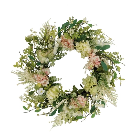 CC Christmas Decor Hydrangea and Dogwood Spring Floral Wreath - 24" - Green and White