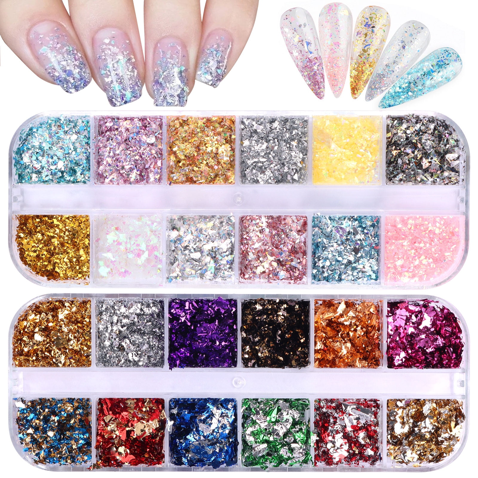 12 Grids Nail Art Foil Flakes 3D Holographic Nail Art Foil Glitter Sequins  Confetti Gold Silver Pink Green Red Irregular Glitter Mirror Effect Nail