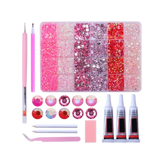 24 Grid Rhinestone Organizer Kit, Pink Rhinestones Bedazzle Kit with B7000 Glue, Qiipii Rhinestones Nail Art Supplies for DIY Crafts Manicure