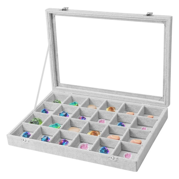 24 Grid Rock Display Case With Metal Lock Clear Glass Lid Multipurpose Gemstone Collection Case With Detachable Divider for Jewelry Badge Gem and Stone
